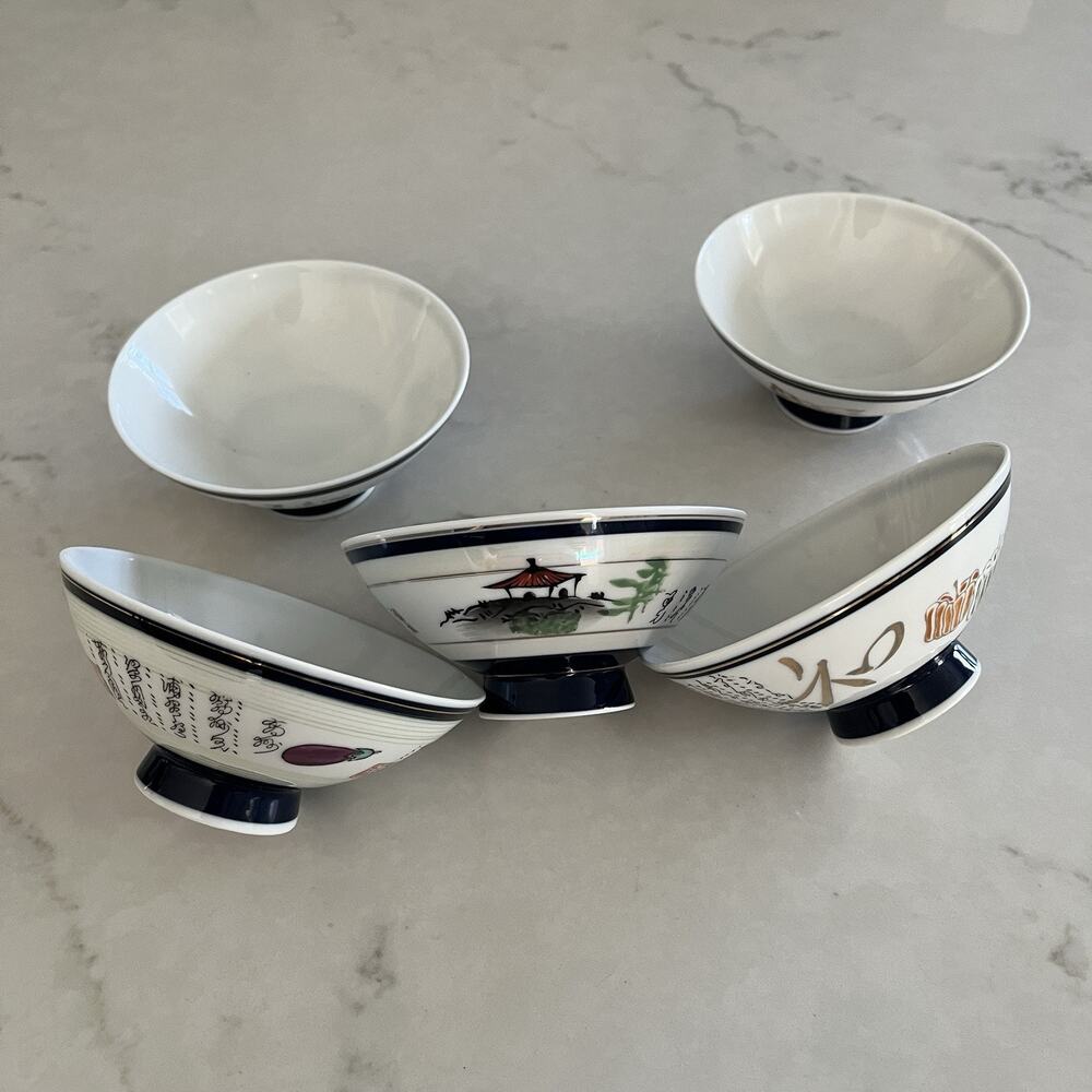 Japanese Asian Rice Bowls Set Of 5, each one with different motif paint, marked.